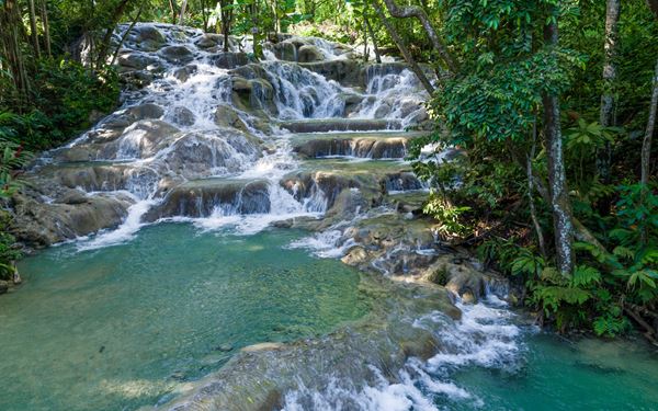 Dunn’s River Falls is one of Jamaica’s national treasures, featuring a spectacular 600-foot cascading waterfall that empties directly into the Caribbean Sea. Visitors can join human chains to climb the limestone tiers or relax in the natural pools. It is a world-famous spot for adventure and nature lovers, surrounded by lush tropical vegetation.
