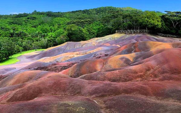 The Seven Coloured Earths are a unique geological phenomenon of sand dunes featuring seven distinct colors, from purple to red. Located in the Chamarel plain, the colors were formed by the cooling of volcanic rocks at different temperatures. Surrounded by lush forest and the nearby Chamarel Waterfall, it is one of the most photographed and surreal natural wonders of Mauritius.