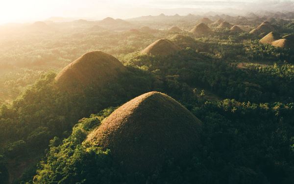 Located on the island of Bohol, the Chocolate Hills are a unique geological formation of at least 1,260 symmetrical green hills that turn brown during the dry season, resembling chocolate kisses. This National Geological Monument offers a surreal and iconic landscape. Visitors can view the hills from an observation deck, providing a panoramic vista of one of the Philippines' most unusual natural wonders.