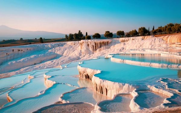 Pamukkale, meaning "Cotton Castle," features stunning white terraces formed by mineral-rich thermal waters flowing down limestone cliffs. This UNESCO site is also home to the ancient Roman city of Hierapolis. Visitors can walk on the travertine terraces and swim in the ancient pools, enjoying a unique combination of natural wonder and Greco-Roman archaeological history.