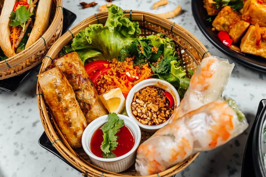 Street food stall in Vietnam with local dishes