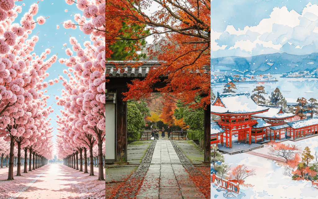 Kersenbloesem in de lente, herfstbladeren, wintersneeuw in Japan. Vraag ChatGPT